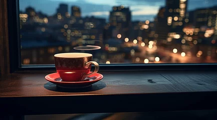 Foto op Plexiglas cup of coffee on  table top in street cafe at night ,view on rainy city blurred light and houses, © Aleksandr