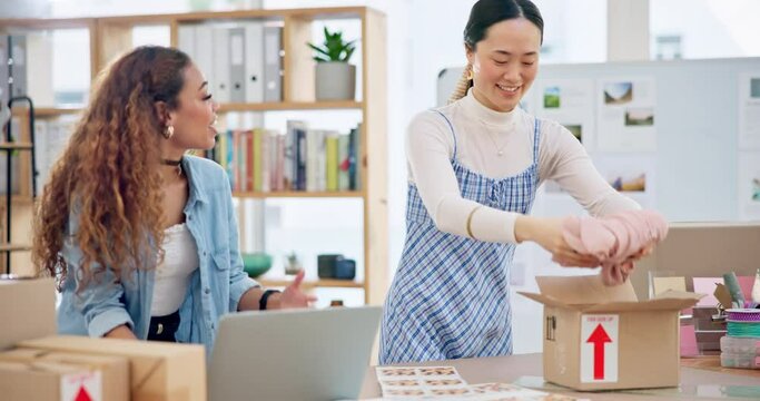 Laptop, small business and a team packing an order or logistics for fashion delivery in store. Young entrepreneur people or startup company partner talking e commerce, parcel or packaging for product