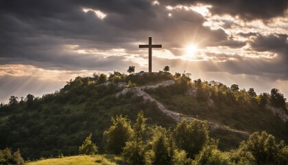Sky over Golgotha Hill shrouded in light and clouds - holy cross symbolizing death and resurrection of Jesus Christ