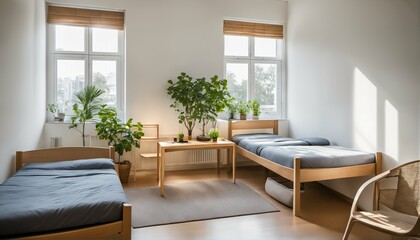 Student dormitory with bright and simple room for two students - obrazy, fototapety, plakaty