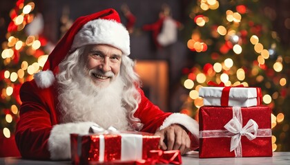 Fototapeta na wymiar Happy Santa Claus portrait with beautiful bokeh background - Christmas, holiday, festive atmosphere