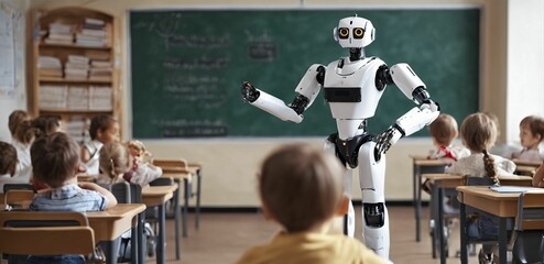 Science and artificial intelligence technology taught by humanoid education robot teacher in front of a school classroom chalkboard