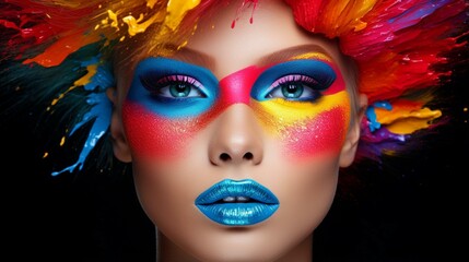 Naklejka premium A woman with colorful face. Multi colors. Attractive beautiful lady.