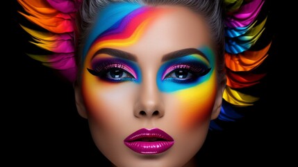 woman with multi colored l face. Attractive beautiful lady. shining with pink lips

