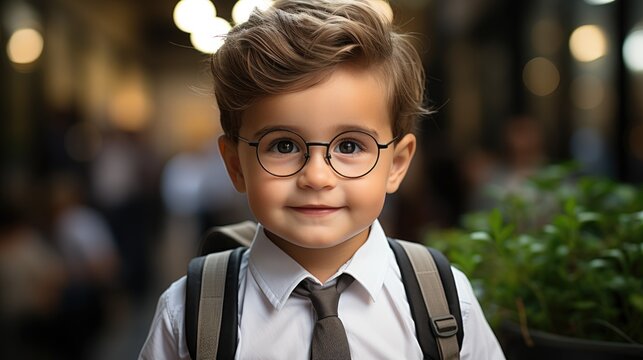Happy little student boyl in smart clothes with a backpack on his shoulder goes to school. Generative AI