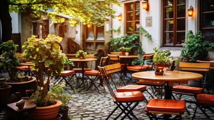 Outdoor cafe with tables and chairs in european city.