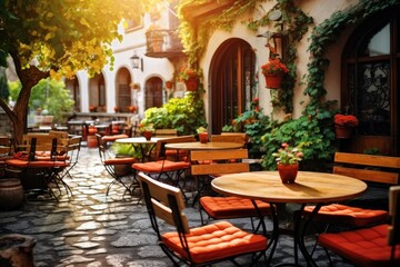 Fototapeta na wymiar Tables and chairs in cozy european street cafe with flowers