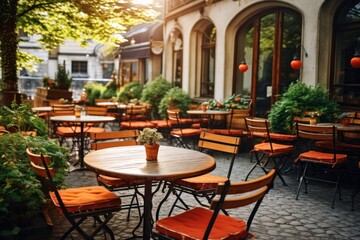 Fototapeta na wymiar Outdoor cafe with tables and chairs in european city.