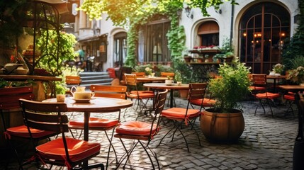 Fototapeta na wymiar Tables and chairs in cozy european street cafe with flowers