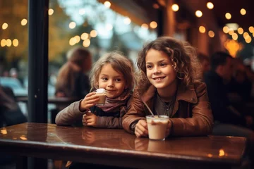 Poster Cute little girls sitting at a table in european outdoor cafe and drinking hot chocolate © John Martin