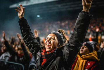 An enthusiastic female sports fan is fully immersed in the excitement of a soccer match with a high-energy crowd, her impassioned cheering shows the joy of sport and the thrill of victory.