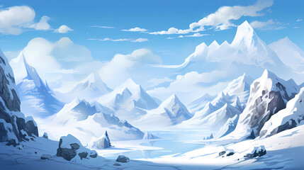 Hand drawn cartoon winter snow mountain landscape illustration 