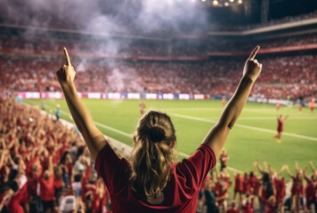 An enthusiastic female sports fan is fully immersed in the excitement of a soccer match with a high-energy crowd, her impassioned cheering shows the joy of sport and the thrill of victory.