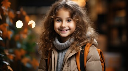 Happy little student girl in smart clothes with a backpack on her shoulder goes to school. Generative AI