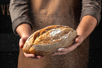 male hands holding corn bread with powder in a freeze motion of a cloud of powder midair. Hands kneading raw dough. Culinary, cooking, bakery concept