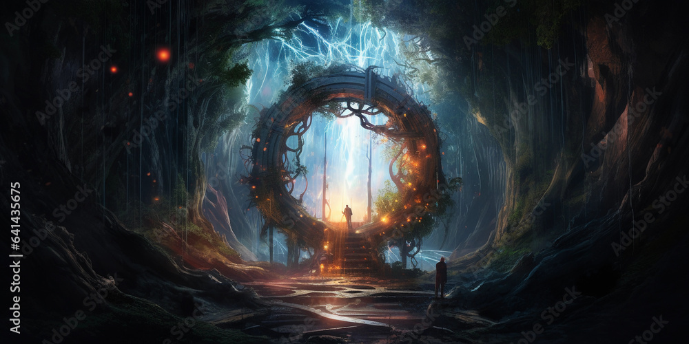 Poster a portal to xr hidden within the heart of a mystical forest. the portal is a swirling vortex of ener