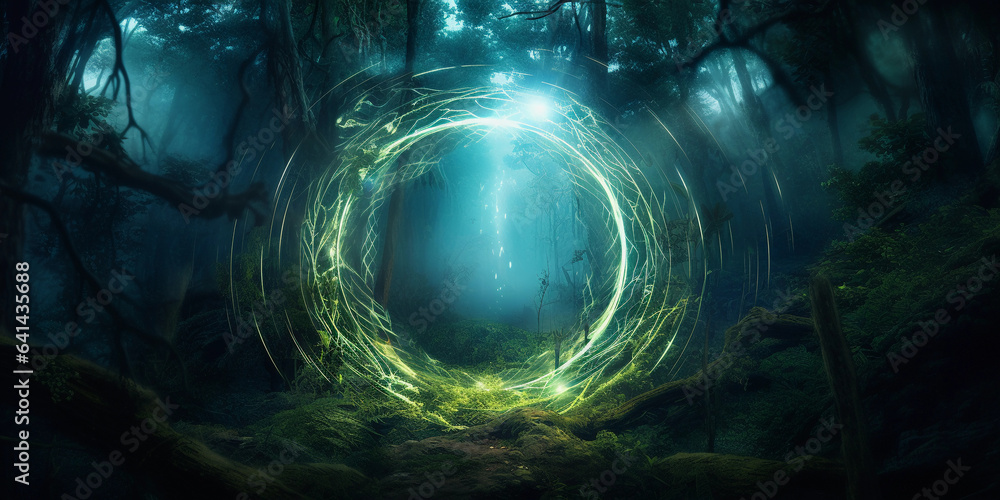 Poster a portal to xr hidden within the heart of a mystical forest. the portal is a swirling vortex of ener