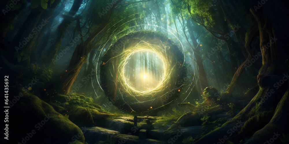 Poster a portal to xr hidden within the heart of a mystical forest. the portal is a swirling vortex of ener