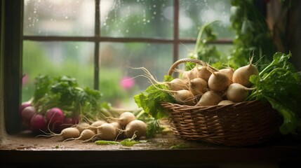 Fresh turnips in a basket by a window sill