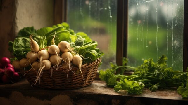 Fresh turnips in a basket by a window sill