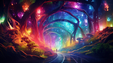 A swirling vortex of neon lights and digital code, merging with a forest of surreal, glowing trees in XR. Vivid colors, ethereal atmosphere, and a sense of infinite possibilities