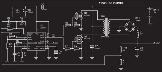 Schematic diagram of electronic device.
Vector drawing electrical circuit with resistor, capacitor, inductor, battery,
voltage stabilizer, diode bridge, transformer
and other electronic components.