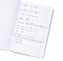 Copybook with maths formulas isolated on white background