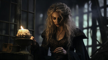 Fototapeta premium Modern witchcraft, cosplay characters from fantasy novels, dark moody forest, candelabras and spellbooks, warm tones, smoke effects