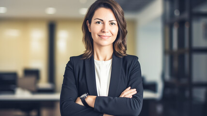 Fototapeta premium Confident businesswoman smiling smiling corporate manager, looking at camera with arms crossed. Elegant businesswoman standing in office.