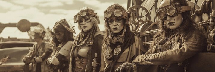 Steampunk rally, group cosplay, aged paper texture, layered gears and vintage items, foreground focus, sepia tones