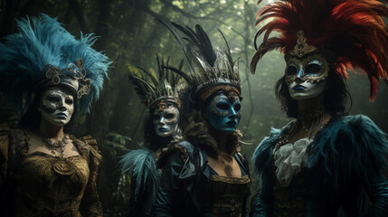 Obraz premium Surrealist tableau, group of cosplayers, characters from classic literature, dappled forest lighting, vivid, dreamlike, feathered masks, ethereal mist