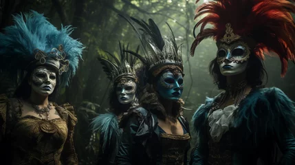 Gordijnen Surrealist tableau, group of cosplayers, characters from classic literature, dappled forest lighting, vivid, dreamlike, feathered masks, ethereal mist © Marco Attano