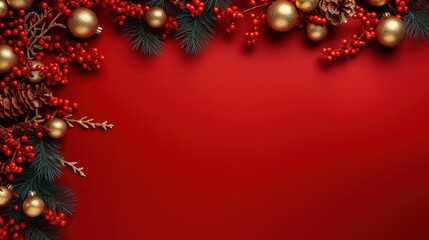Red background decorated with Christmas fir branches and gold ornaments.