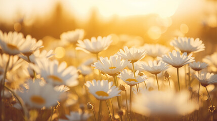 beautiful daisies background in the field at a golden hour