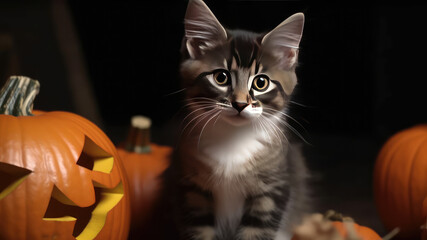 Cute kitten with orange pumpkins in halloween time with halloween ornaments, isolated on black...