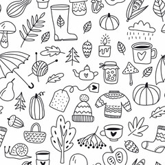 Vector pattern of autumn elements and objects drawn by hand in the style of doodles.