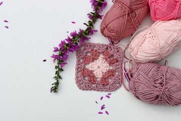 Spring crochet ideas. Beautiful pattern made of soft pink cotton yarn. Easter greeting card....