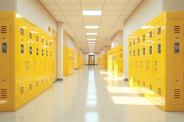 school hallway with yellow lockers and empty walls Generative AI - obrazy, fototapety, plakaty