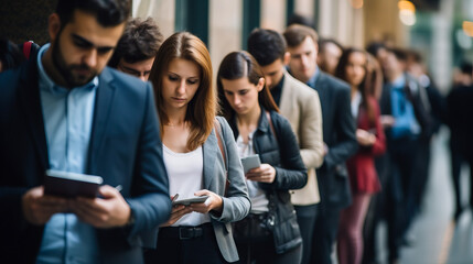 Job candidates standing in line, waiting for their turn to be interviewed for a new position at a corporate company. Shallow field of view.