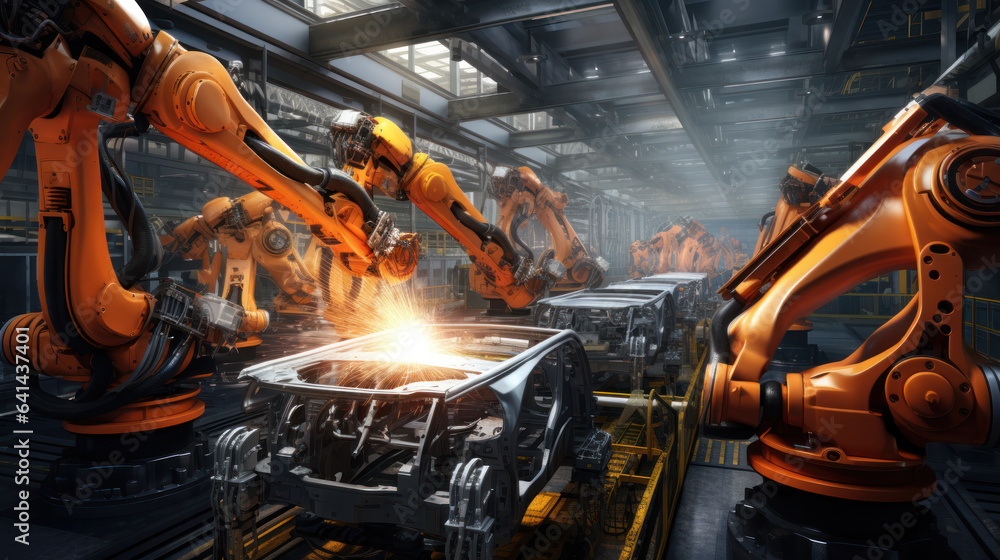Poster robot automobile assembly line production.