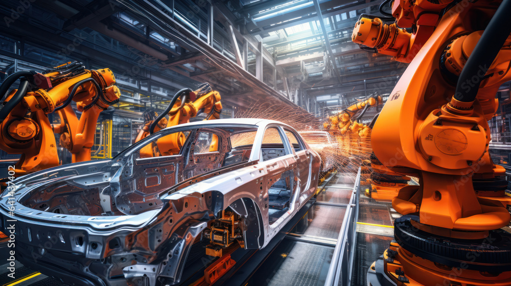 Poster robot automobile assembly line production.
