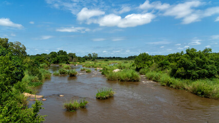 Landscape of the Sabie River in Kruger National Park in South Africa in the green season