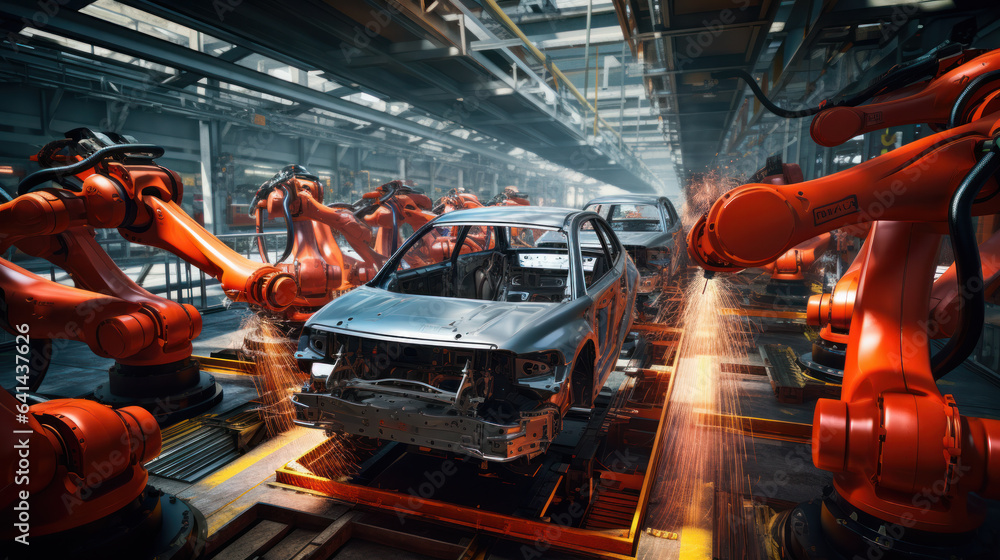 Poster robot automobile assembly line production.