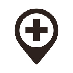 Hospital map pin. Medical service location pin. GPS healthcare location symbol for apps and websites