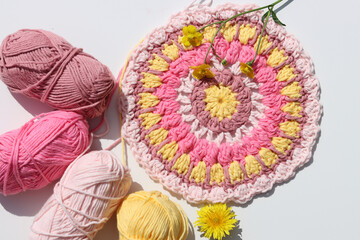 Spring crochet ideas. Beautiful pattern made of soft pink cotton yarn. Easter greeting card....