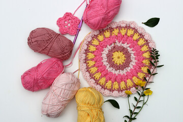 Spring crochet ideas. Beautiful pattern made of soft pink cotton yarn. Easter greeting card....