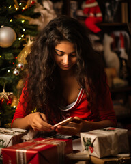 Joyful Indian Teenage Girl Celebrating Christmas with Gifts by the Tree. Generative AI