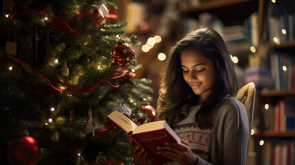 Joyful Indian Teenage Girl Celebrating Christmas with Gifts by the Tree. Generative AI