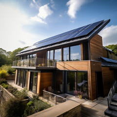 Modern house with solar panels on the roof. Alternative energy source.