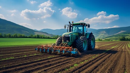 Using a tractor, a farm field is seeded. Activity in agriculture - obrazy, fototapety, plakaty